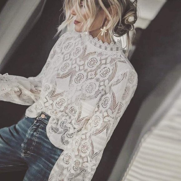 Tops - Rosaline White Lace Lantern Sleeve Blouse  NWT